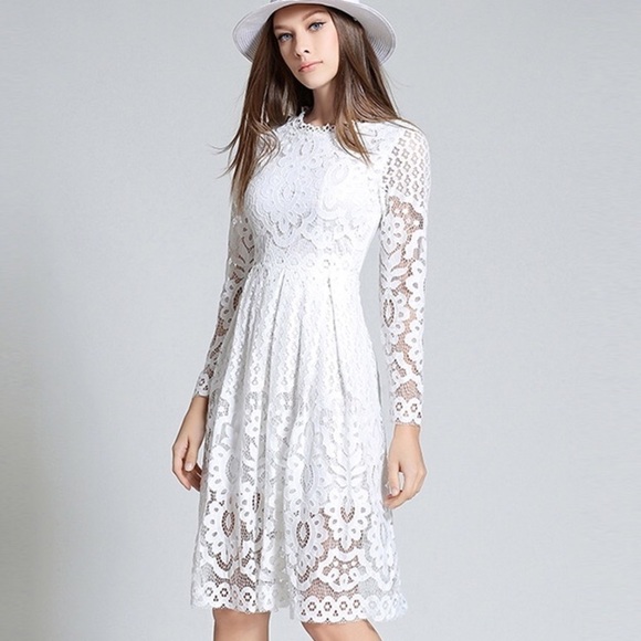 Last 1! Hollow Long Sleeves Knee Length Lace Dress - Picture 1 of 8